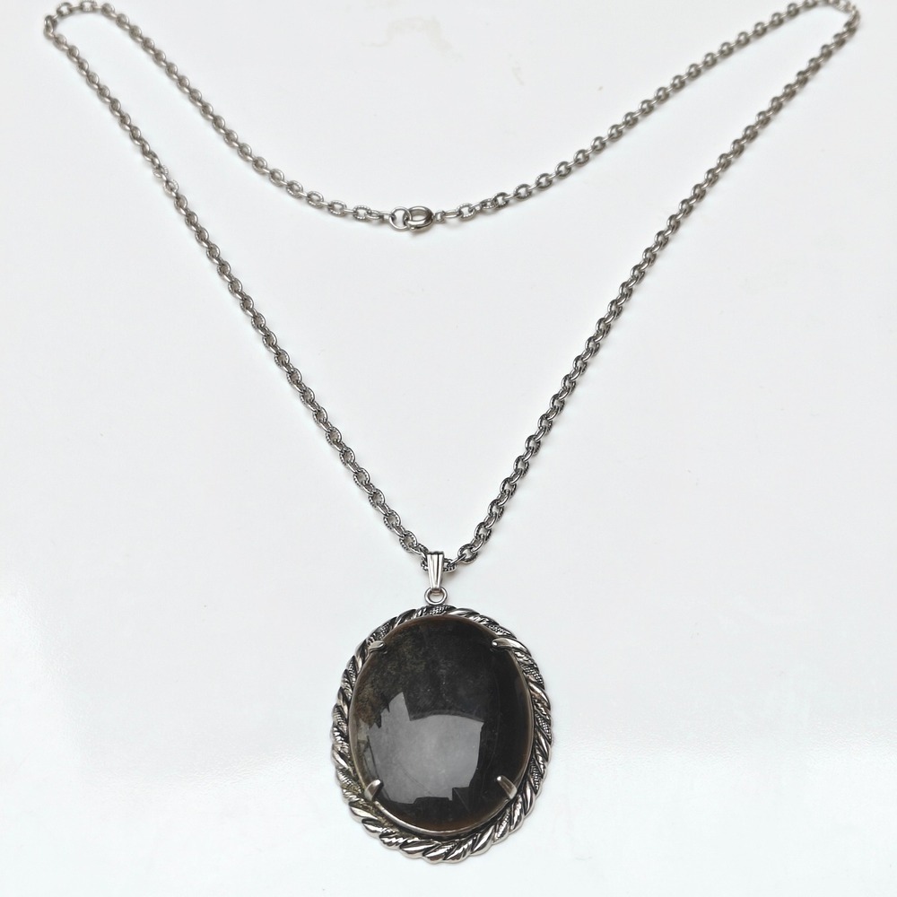 Vintage Silver Tone Large Oval Gold Sheen Obsidian Cabochon Rope Border Necklace